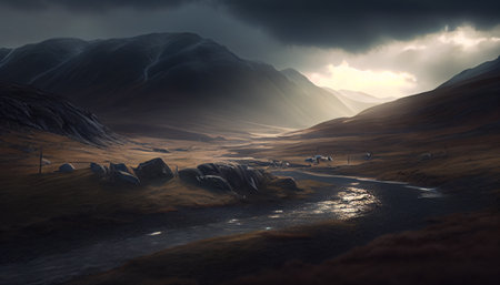 an atmospheric landscape photograph of a mountain range during sunset. The lighting and exposure have been manipulated to create a moody atmosphere, with the mountains shrouded in shadows and the skyの素材