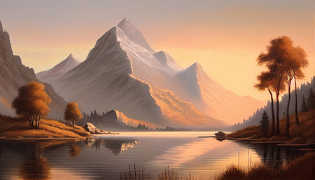 the moment when the sun is setting and the mountains are transitioning from day to night. The warm glow of the sun bathes the mountain range in a beautiful golden light, between the light and shadow.の素材