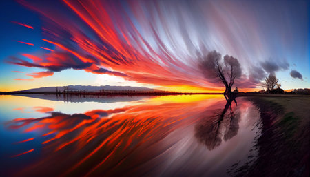 a mountainous landscape with a stunning sunset in the background. The clouds in the sky are blurred and appear to be moving due to the use of long exposure creating a beautiful and dynamic scene.の素材