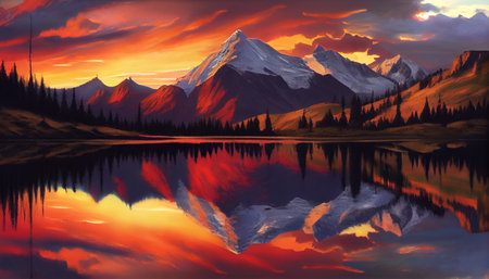 the moment when the sun is setting and the mountains are transitioning from day to night. The warm glow of the sun bathes the mountain range in a beautiful golden light, between the light and shadow.の素材