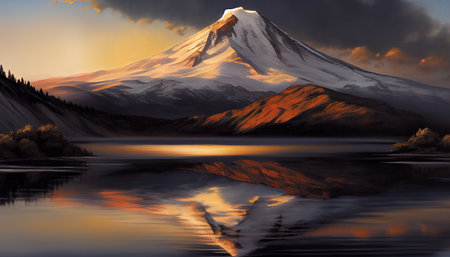 the moment when the sun is setting and the mountains are transitioning from day to night. The warm glow of the sun bathes the mountain range in a beautiful golden light, between the light and shadow.の素材
