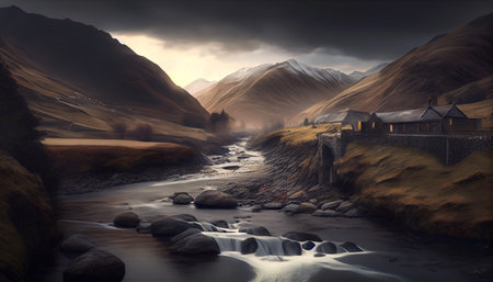 an atmospheric landscape photograph of a mountain range during sunset. The lighting and exposure have been manipulated to create a moody atmosphere, with the mountains shrouded in shadows and the skyの素材