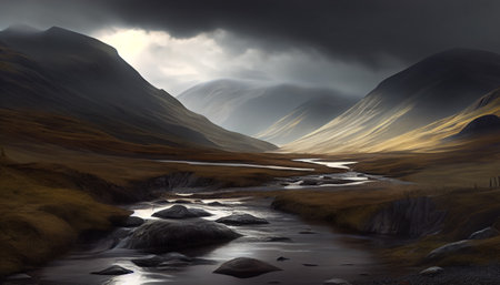 an atmospheric landscape photograph of a mountain range during sunset. The lighting and exposure have been manipulated to create a moody atmosphere, with the mountains shrouded in shadows and the skyの素材