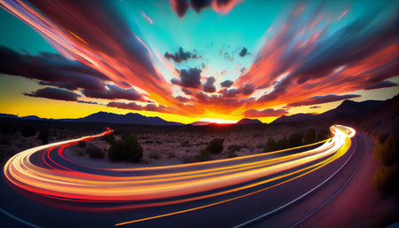a mountainous landscape with a stunning sunset in the background. The clouds in the sky are blurred and appear to be moving due to the use of long exposure creating a beautiful and dynamic scene.の素材