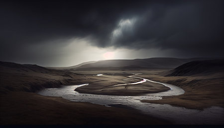 an atmospheric landscape photograph of a mountain range during sunset. The lighting and exposure have been manipulated to create a moody atmosphere, with the mountains shrouded in shadows and the skyの素材