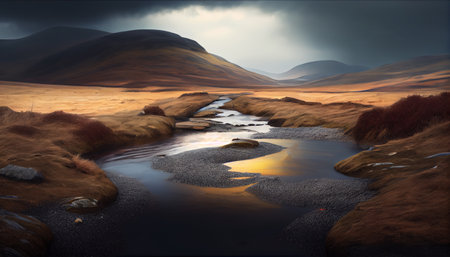 an atmospheric landscape photograph of a mountain range during sunset. The lighting and exposure have been manipulated to create a moody atmosphere, with the mountains shrouded in shadows and the skyの素材