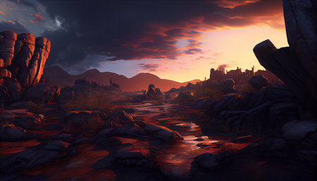 an image that showcases the intricate details of a mountainous landscape during sunset. focus on the rugged, rocky terrain, with various textures and patterns visible in the rock formationsの素材