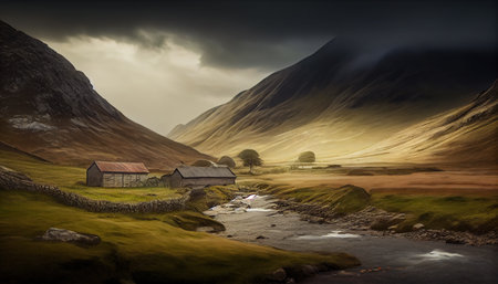 an atmospheric landscape photograph of a mountain range during sunset. The lighting and exposure have been manipulated to create a moody atmosphere, with the mountains shrouded in shadows and the skyの素材