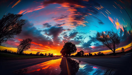 a mountainous landscape with a stunning sunset in the background. The clouds in the sky are blurred and appear to be moving due to the use of long exposure creating a beautiful and dynamic scene.の素材