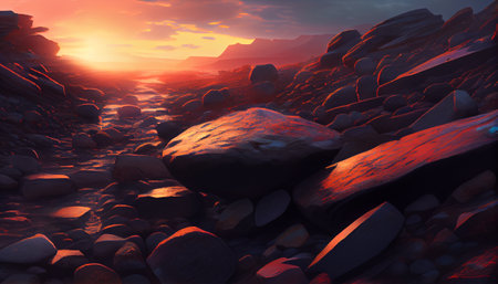 an image that showcases the intricate details of a mountainous landscape during sunset. focus on the rugged, rocky terrain, with various textures and patterns visible in the rock formationsの素材