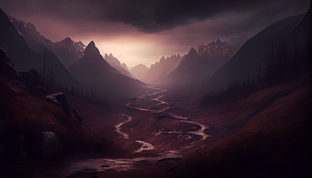 an atmospheric landscape photograph of a mountain range during sunset. The lighting and exposure have been manipulated to create a moody atmosphere, with the mountains shrouded in shadows and the skyの素材