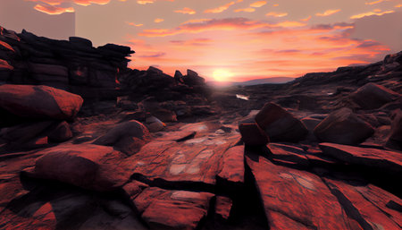 an image that showcases the intricate details of a mountainous landscape during sunset. focus on the rugged, rocky terrain, with various textures and patterns visible in the rock formationsの素材