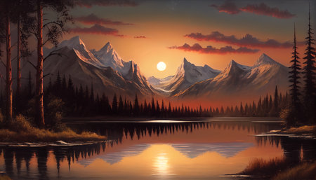 the moment when the sun is setting and the mountains are transitioning from day to night. The warm glow of the sun bathes the mountain range in a beautiful golden light, between the light and shadow.の素材