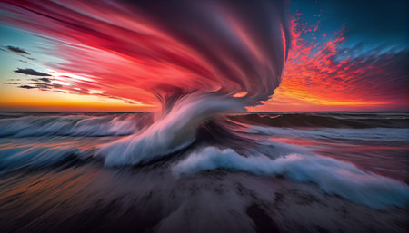 a mountainous landscape with a stunning sunset in the background. The clouds in the sky are blurred and appear to be moving due to the use of long exposure creating a beautiful and dynamic scene.の素材