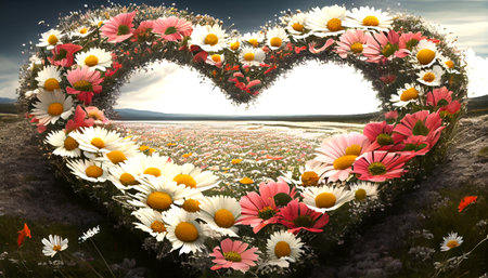 an entire field of flowers has been arranged to form a heart-shaped pattern. Each individual flower contributes to the overall shape, creating a sense of harmony and unity in the compositionの素材