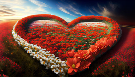 an entire field of flowers has been arranged to form a heart-shaped pattern. Each individual flower contributes to the overall shape, creating a sense of harmony and unity in the compositionの素材