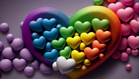 a rainbow and the symbol of a heart to represent the concept of love in a unique and visually stunning way. a rainbow composed of individual hearts of various sizes and colorsの素材
