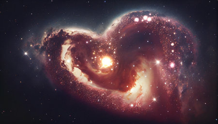 a stunning portrayal of a heart-shaped cluster of stars amidst a backdrop of swirling, colorful nebulae. The intricate arrangement of stars creates the heart shape, while the surrounding nebulaeの素材