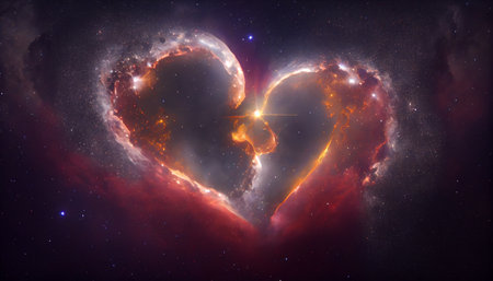 a stunning portrayal of a heart-shaped cluster of stars amidst a backdrop of swirling, colorful nebulae. The intricate arrangement of stars creates the heart shape, while the surrounding nebulaeの素材