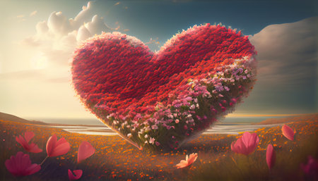 an entire field of flowers has been arranged to form a heart-shaped pattern. Each individual flower contributes to the overall shape, creating a sense of harmony and unity in the compositionの素材