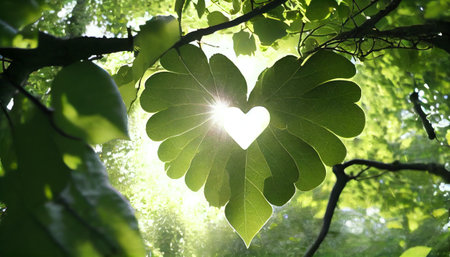 the deep connection between love and nature. The tree's branches are dense with heart-shaped leaves that symbolize the warmth and affection associated with loveの素材
