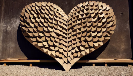 a modern and precise interpretation of a heart shape. The heart is constructed through the careful arrangement of geometric shapes, including circles, squares, triangles, and other angular forms.の素材