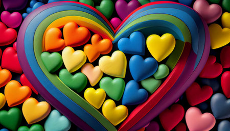 a rainbow and the symbol of a heart to represent the concept of love in a unique and visually stunning way. a rainbow composed of individual hearts of various sizes and colorsの素材