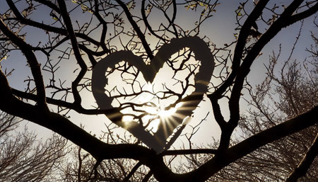 the deep connection between love and nature. The tree's branches are dense with heart-shaped leaves that symbolize the warmth and affection associated with loveの素材
