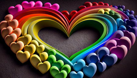 a rainbow and the symbol of a heart to represent the concept of love in a unique and visually stunning way. a rainbow composed of individual hearts of various sizes and colorsの素材