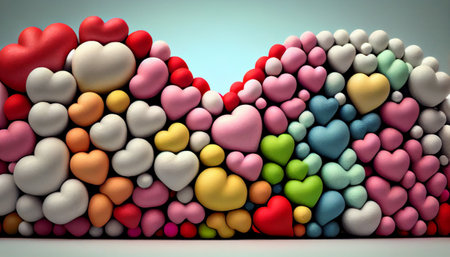 a rainbow and the symbol of a heart to represent the concept of love in a unique and visually stunning way. a rainbow composed of individual hearts of various sizes and colorsの素材