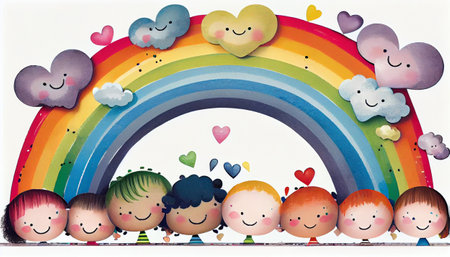 a rainbow and the symbol of a heart to represent the concept of love in a unique and visually stunning way. a rainbow composed of individual hearts of various sizes and colorsの素材