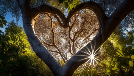the deep connection between love and nature. The tree's branches are dense with heart-shaped leaves that symbolize the warmth and affection associated with loveの素材