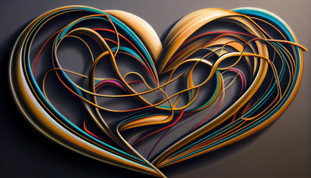 The heart-shaped structure is the focal point of the design and is created by the skillful interweaving of lines and shapes of various sizes, colors, and orientations.の素材