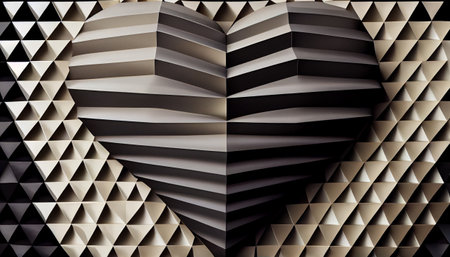 a modern and precise interpretation of a heart shape. The heart is constructed through the careful arrangement of geometric shapes, including circles, squares, triangles, and other angular forms.の素材
