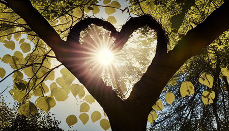 the deep connection between love and nature. The tree's branches are dense with heart-shaped leaves that symbolize the warmth and affection associated with loveの素材