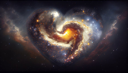 a stunning portrayal of a heart-shaped cluster of stars amidst a backdrop of swirling, colorful nebulae. The intricate arrangement of stars creates the heart shape, while the surrounding nebulaeの素材