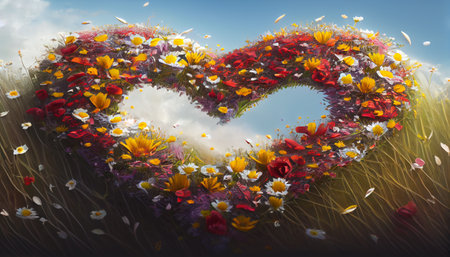 an entire field of flowers has been arranged to form a heart-shaped pattern. Each individual flower contributes to the overall shape, creating a sense of harmony and unity in the compositionの素材