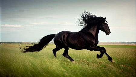 a beautiful and powerful horse galloping through a green meadow, with the wind blowing through its flowing mane and tail, muscles are tensed as it runs, and its hooves kick up grass and dirt behind itの素材