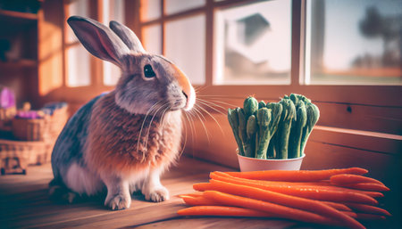 a rabbit happily with a fresh carrot in a cozy indoor setting. The rabbit appears content and at ease, with its long ears standing upright and its fluffy tail resting comfortably on the soft beddingの素材