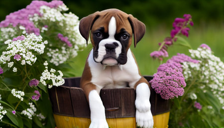 an adorable puppy sitting comfortably in a basket, surrounded by an array of colorful flowers. The pup is looking straight ahead with an innocent expression indicating its curiosity and playfulnessの素材