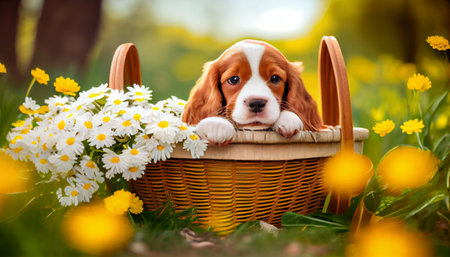 an adorable puppy sitting comfortably in a basket, surrounded by an array of colorful flowers. The pup is looking straight ahead with an innocent expression indicating its curiosity and playfulnessの素材