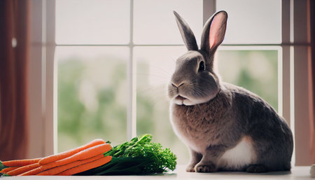 a rabbit happily with a fresh carrot in a cozy indoor setting. The rabbit appears content and at ease, with its long ears standing upright and its fluffy tail resting comfortably on the soft beddingの素材