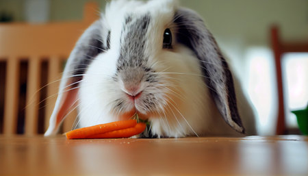 a rabbit happily with a fresh carrot in a cozy indoor setting. The rabbit appears content and at ease, with its long ears standing upright and its fluffy tail resting comfortably on the soft beddingの素材