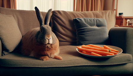 a rabbit happily with a fresh carrot in a cozy indoor setting. The rabbit appears content and at ease, with its long ears standing upright and its fluffy tail resting comfortably on the soft beddingの素材