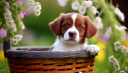 an adorable puppy sitting comfortably in a basket, surrounded by an array of colorful flowers. The pup is looking straight ahead with an innocent expression indicating its curiosity and playfulnessの素材