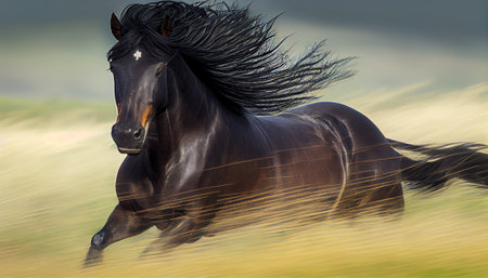 a beautiful and powerful horse galloping through a green meadow, with the wind blowing through its flowing mane and tail, muscles are tensed as it runs, and its hooves kick up grass and dirt behind itの素材