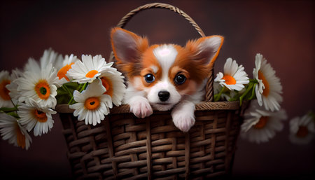 an adorable puppy sitting comfortably in a basket, surrounded by an array of colorful flowers. The pup is looking straight ahead with an innocent expression indicating its curiosity and playfulnessの素材