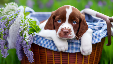 an adorable puppy sitting comfortably in a basket, surrounded by an array of colorful flowers. The pup is looking straight ahead with an innocent expression indicating its curiosity and playfulnessの素材