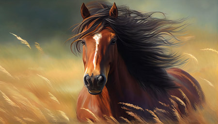 a beautiful and powerful horse galloping through a green meadow, with the wind blowing through its flowing mane and tail, muscles are tensed as it runs, and its hooves kick up grass and dirt behind itの素材