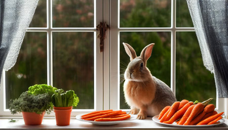 a rabbit happily with a fresh carrot in a cozy indoor setting. The rabbit appears content and at ease, with its long ears standing upright and its fluffy tail resting comfortably on the soft beddingの素材